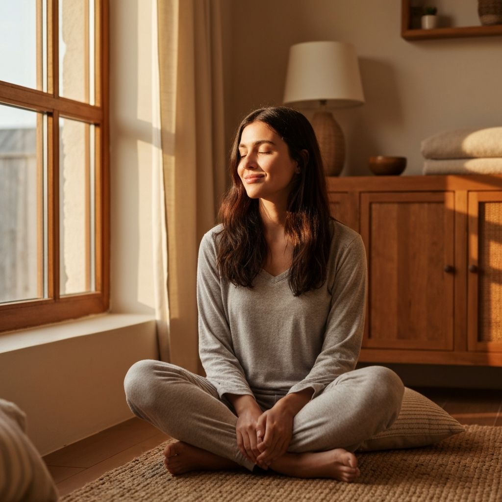 Mirna jutarnja scena s prirodnom svetlošću u domu, osoba se čini promišljena i mirna