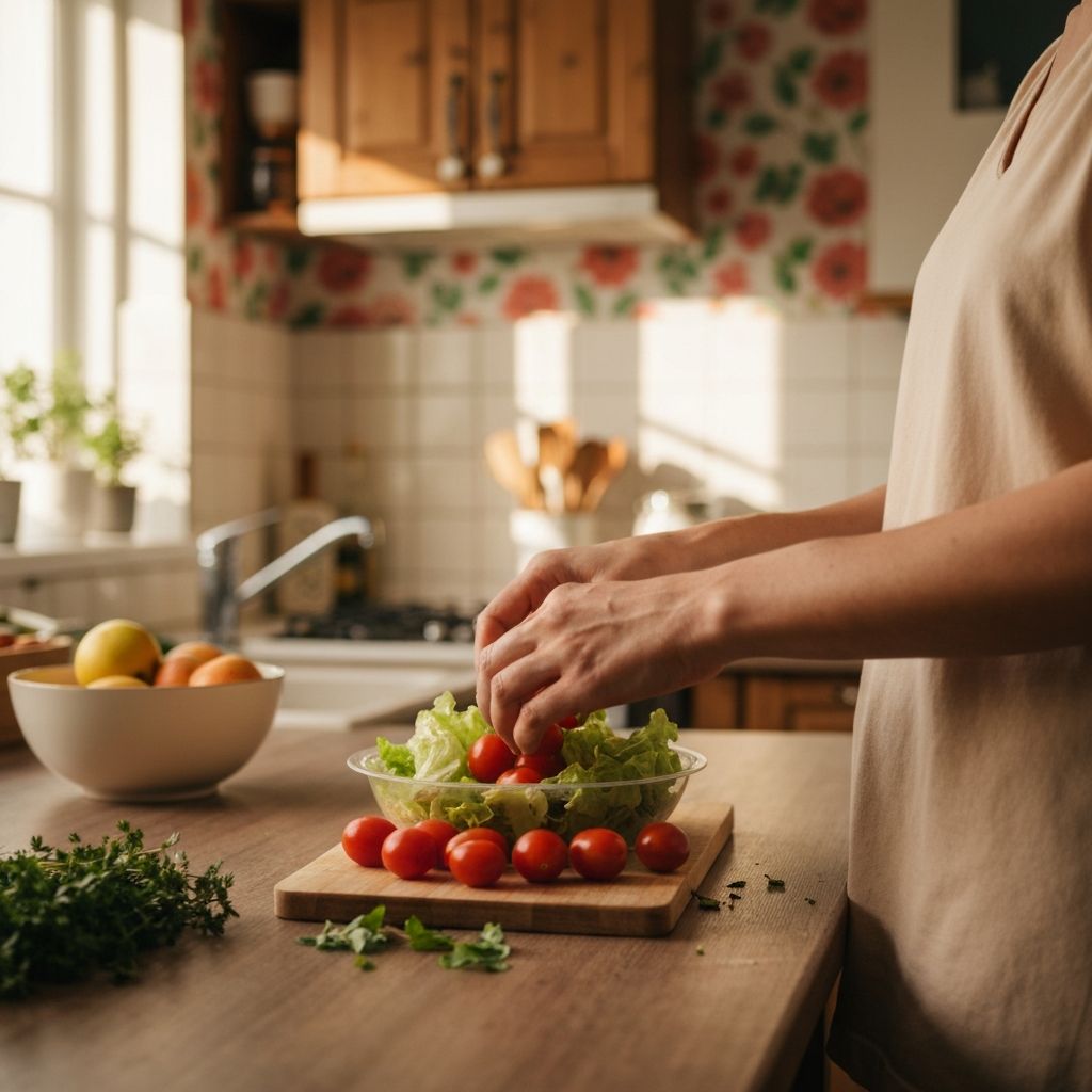 Ruke pripremaju jednostavnu, zdrave hrane u domaćoj kuhinji sa toplom svetlošću
